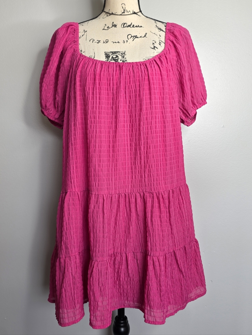 Le Lis Hot Pink Tiered Puff Sleeve Mini Dress Back Tie Sz L